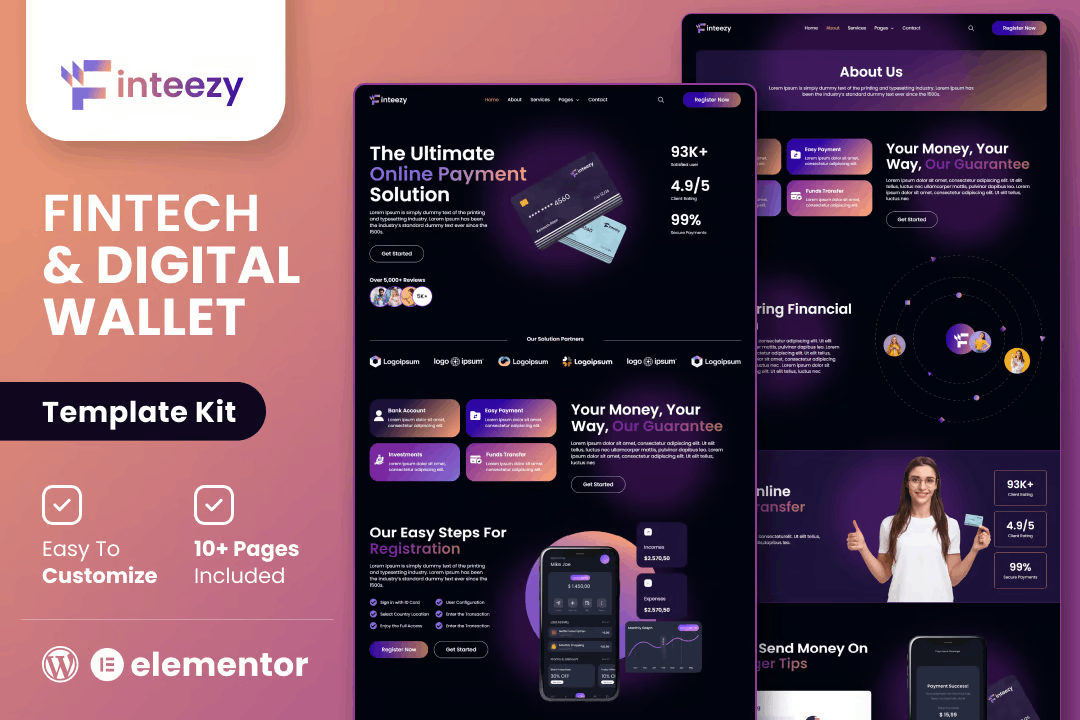 Finteezy – Fintech Startup & Digital Wallet Elementor Template Kit