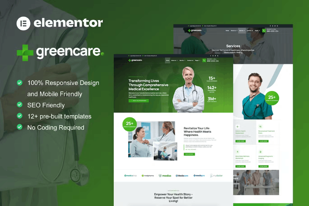 Greencare – Medical Services Elementor Pro Template Kit