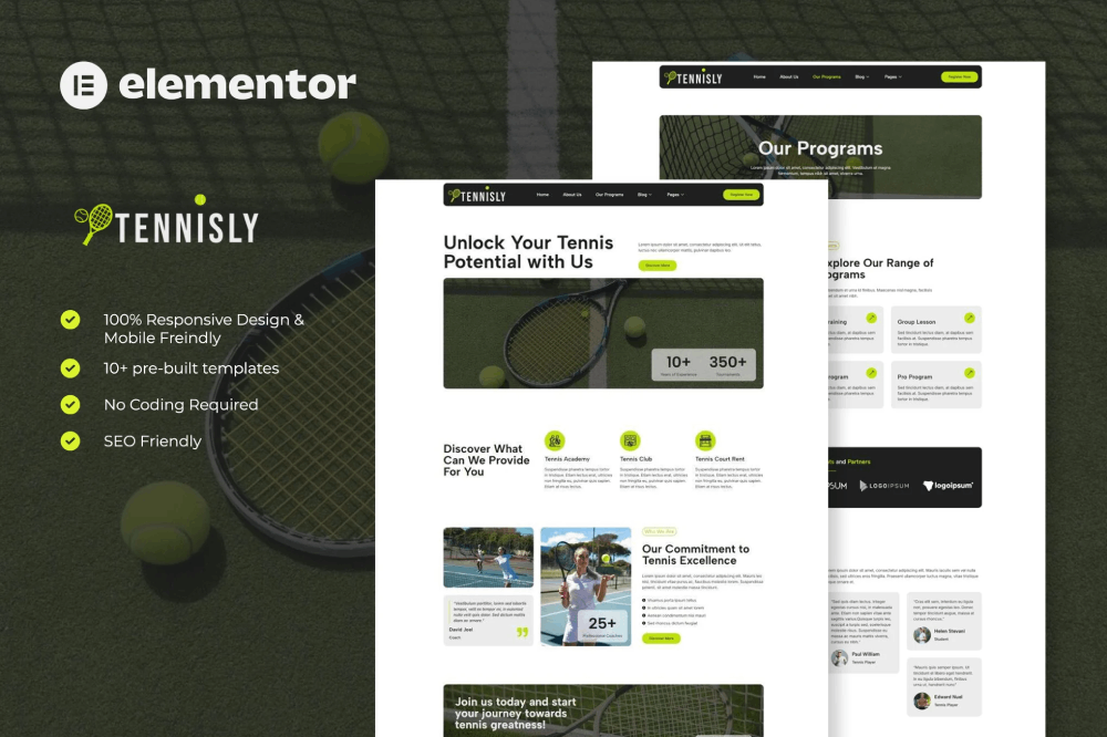 Tennisly – Tennis School & Sports Club Elementor Template Kit