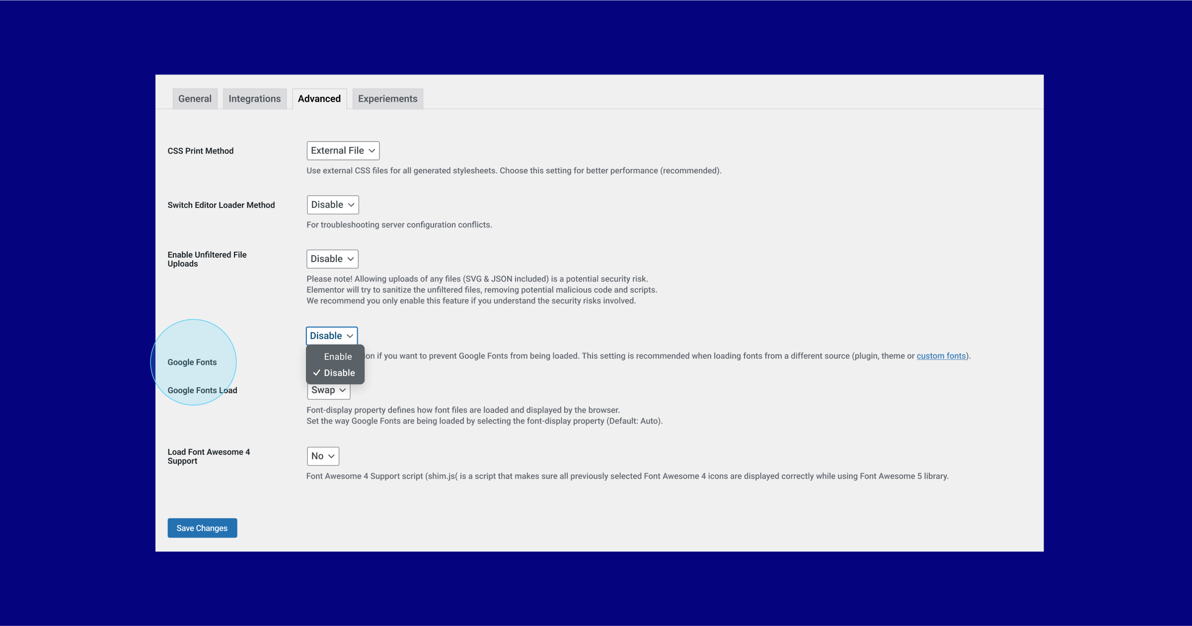 05 Disable Google Font 1 2025 - Elementorhub.com